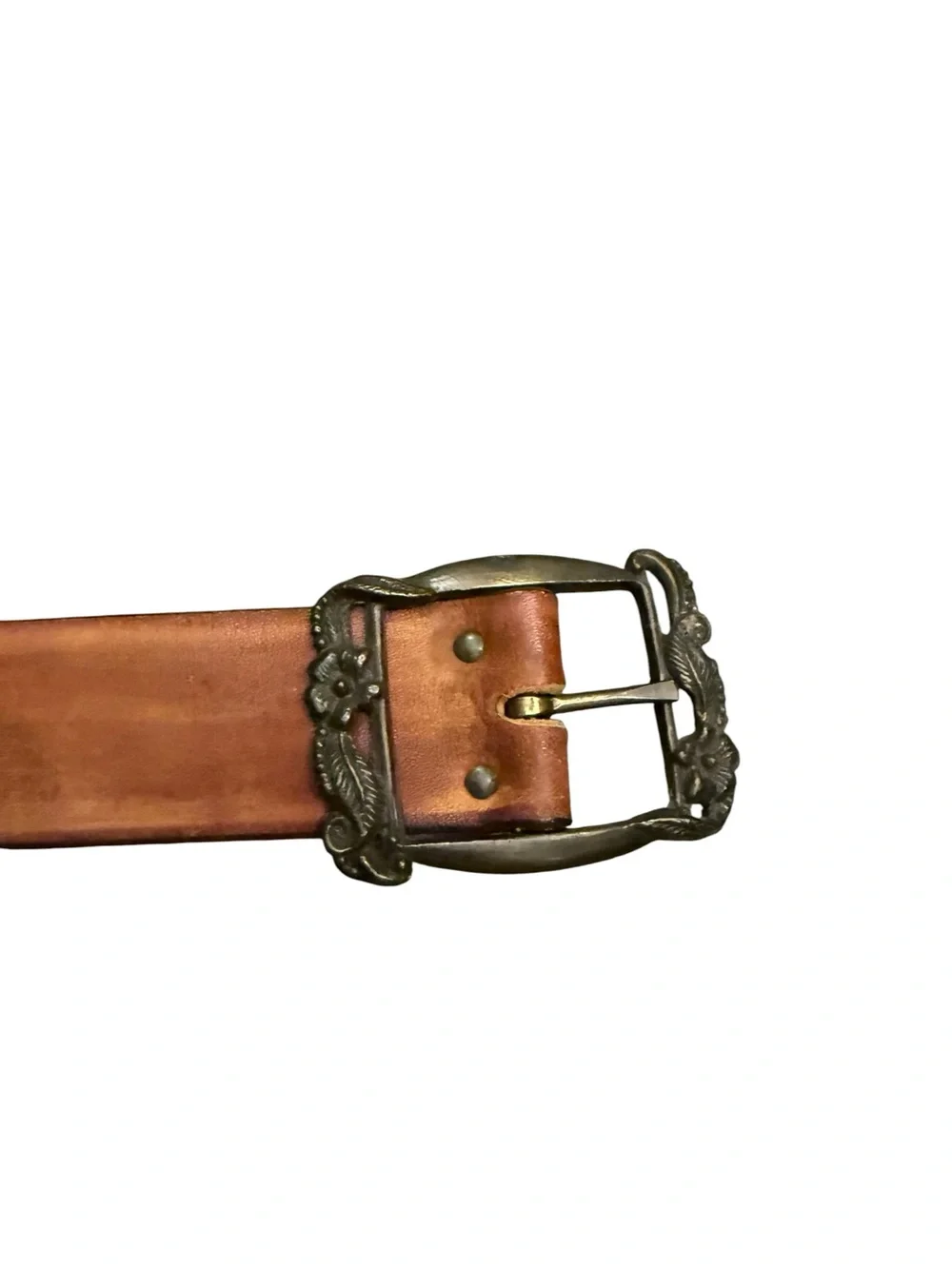 Vintage Hand-Tooled and dyed Brown Leather Floral Belt with Decorative Buckle